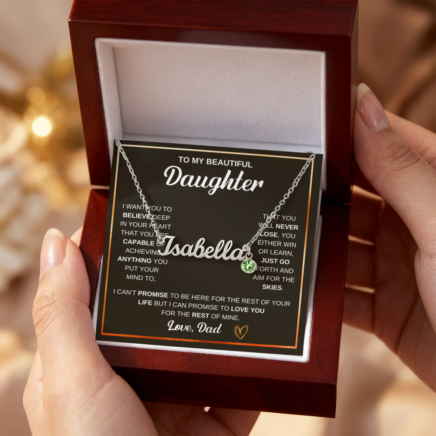 Custom Name Necklace for Daughter from Dad with heart pendant and message card