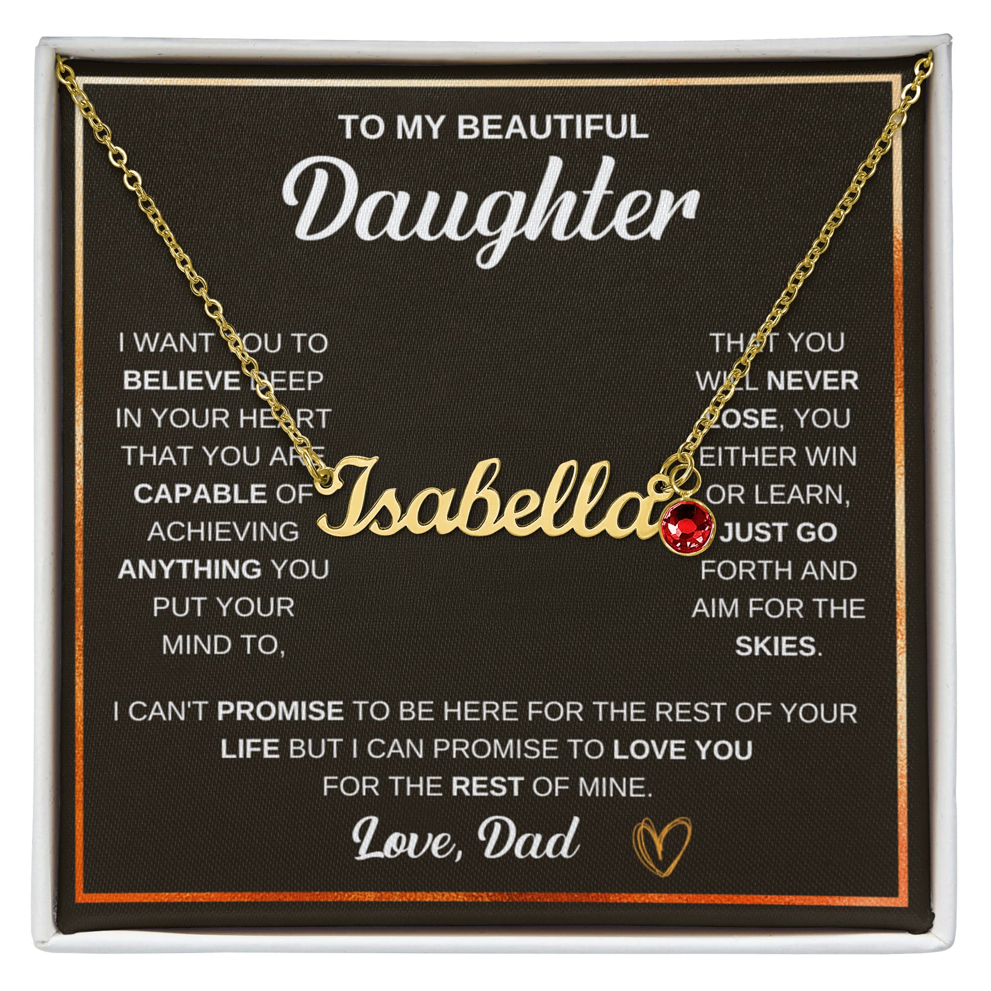 Custom Name Necklace for Daughter from Dad with heart pendant and message card