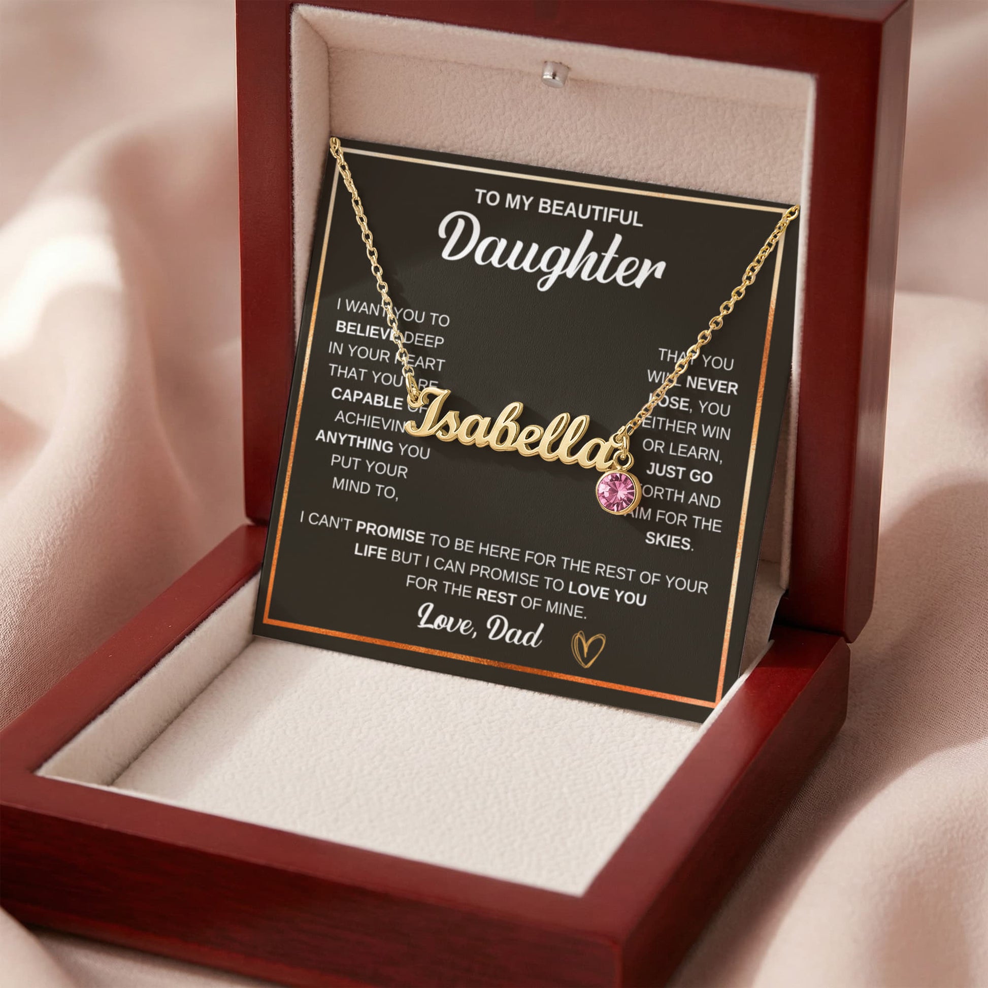 Custom Name Necklace for Daughter from Dad with heart pendant and message card