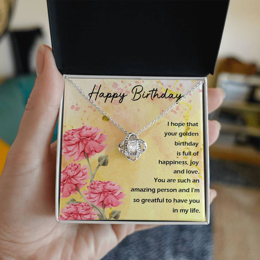 Golden Birthday Love Knot Necklace with Sentimental Message Card for Her