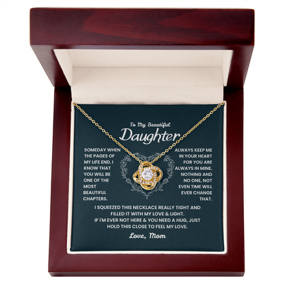 Love Knot Necklace pendant detail – 6mm cubic zirconia stone, gift from mother to daughter